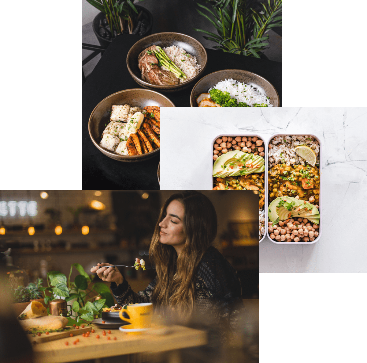 woman enjoying food,
meals in storage container, abd food bowls ob a table